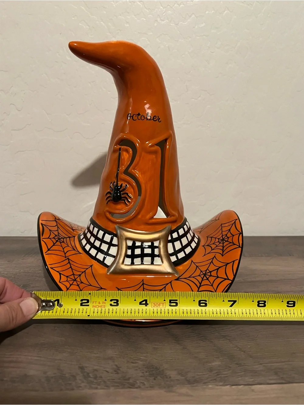 Blue Sky October 31 Orange Spider Web Witch Hat Ceramic Halloween Candle Holder